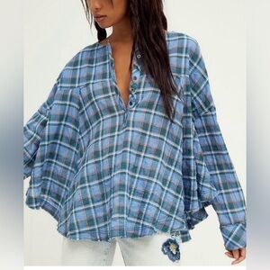 Free People Blue Plaid Blouse